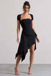 Black Gathered Mesh Long-Sleeve Draped Mini Dress